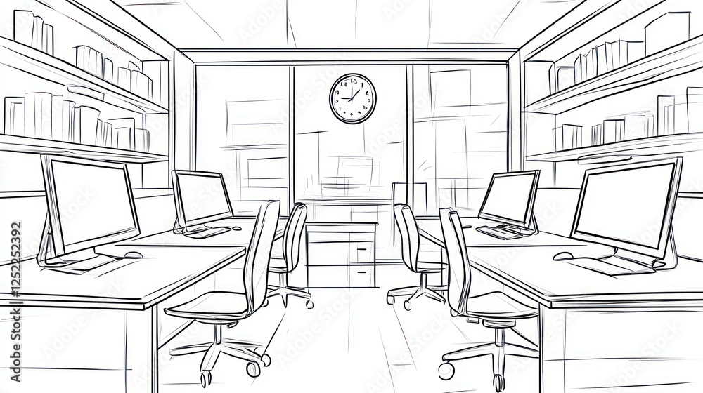 Office interior sketch, modern workspace, computer desks, bookshelves, windows. Possible use Educational material, architectural visualization Office interior sketch, modern workspace, computer desks, bookshelves, windows. Possible use Educational material, architectural visualization