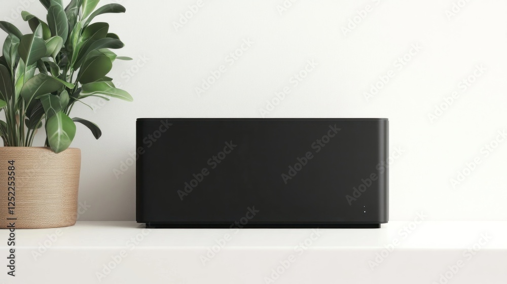 Fototapeta premium Black speaker on shelf, plant beside, white room