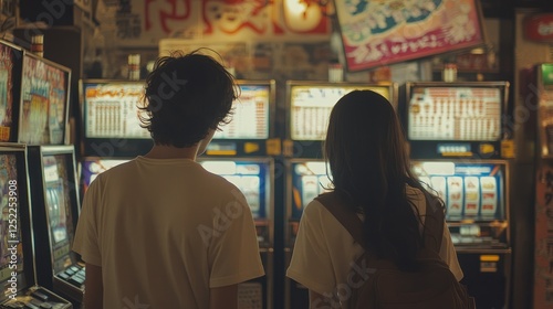 Wallpaper Mural Couple playing slot machines in a dimly lit arcade. Torontodigital.ca