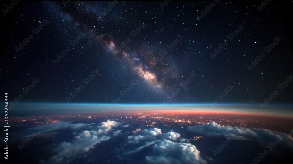 Obraz premium Stunning view of the Milky Way galaxy above a serene horizon with clouds at twilight