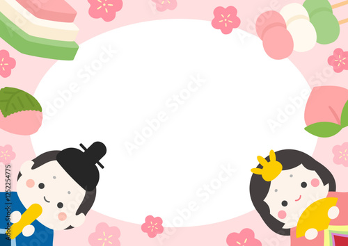 ひな祭りのかわいいフレーム、ひな人形と花とひし餅や桃や桜餅04