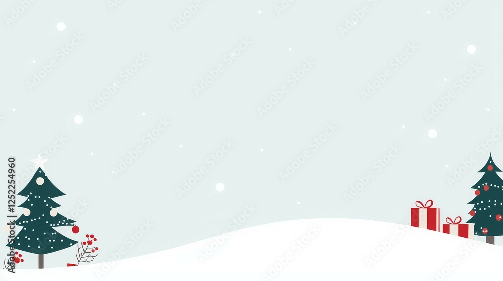 A winter landscape featuring snow, Christmas trees, and wrapped gifts. A winter landscape featuring snow, Christmas trees, and wrapped gifts.