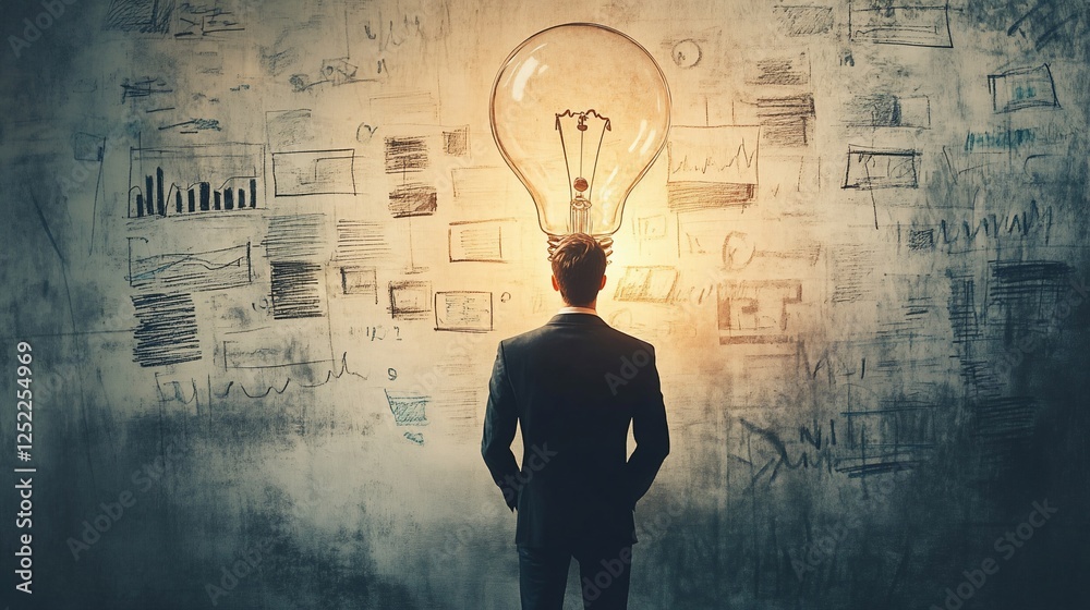 A businessman with a glowing lightbulb idea facing a wall full of sketches and charts A businessman with a glowing lightbulb idea facing a wall full of sketches and charts