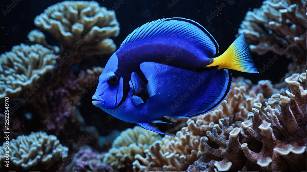 Obraz premium Regal Blue Tang swimming through a vibrant coral reef, showcasing the diversity of marine life and the stunning underwater scenery in a tropical ocean habitat.