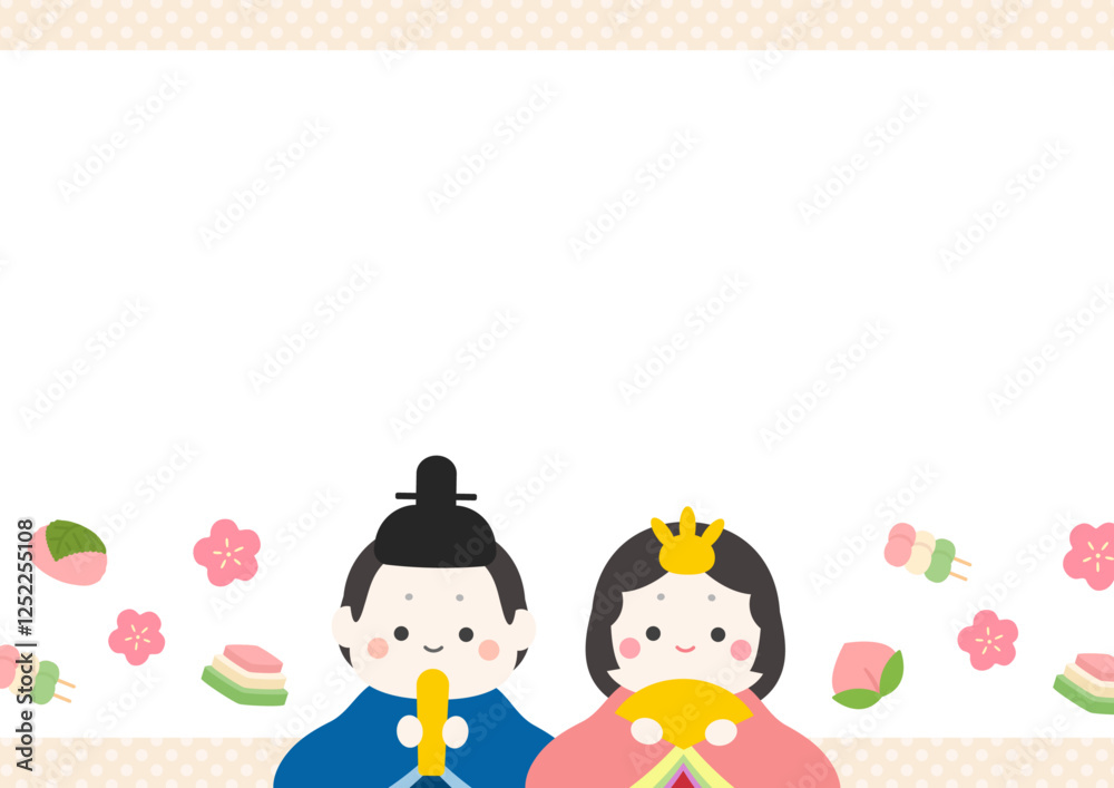 ひな祭りのベージュのフレーム、ひな人形と花とひし餅や桃や桜餅 ひな祭りのベージュのフレーム、ひな人形と花とひし餅や桃や桜餅