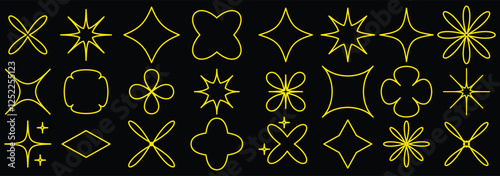 Collection of brutal contemporary figure spiral flower star oval circle and other elements. Abstract minimal geometric elements shapes and grids set. Brutalist design. Y2k style geometric shape. 