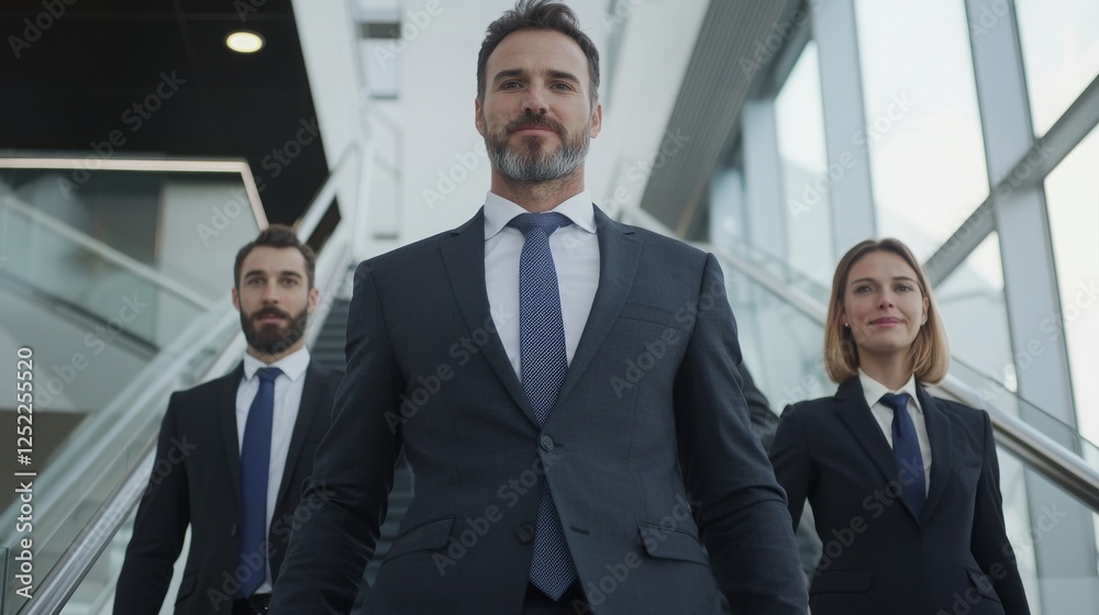 Three professionals in suits confidently walking down a staircase in a modern office setting. Three professionals in suits confidently walking down a staircase in a modern office setting.