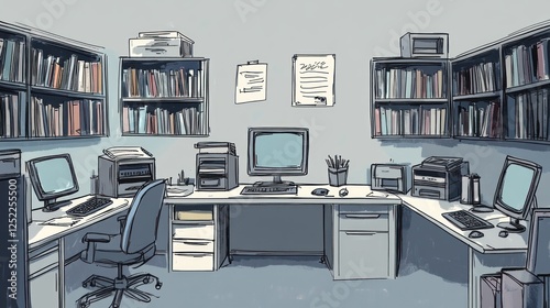 Office interior, workplace, bookshelves, computers. Illustration for use in educational materials or design inspiration photo