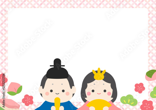 ひな祭りのピンクのフレーム、ひな人形と花とひし餅や桃や桜餅