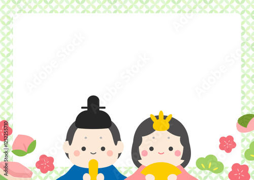 ひな祭りのグリーンのフレーム、ひな人形と花とひし餅や桃や桜餅