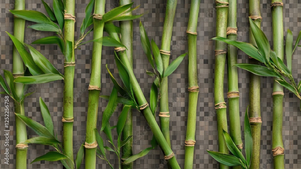 Obraz premium Green Bamboo Stems with Leaves on Textured Dark Background
