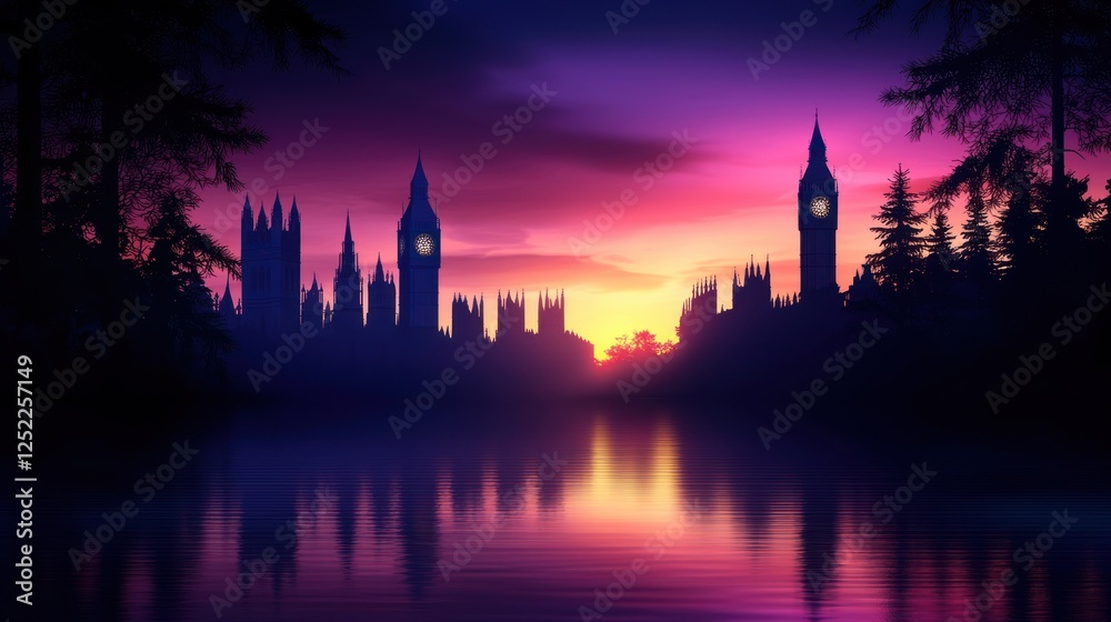 Serene twilight view of iconic London skyline with silhouettes and vibrant sunset reflections Serene twilight view of iconic London skyline with silhouettes and vibrant sunset reflections