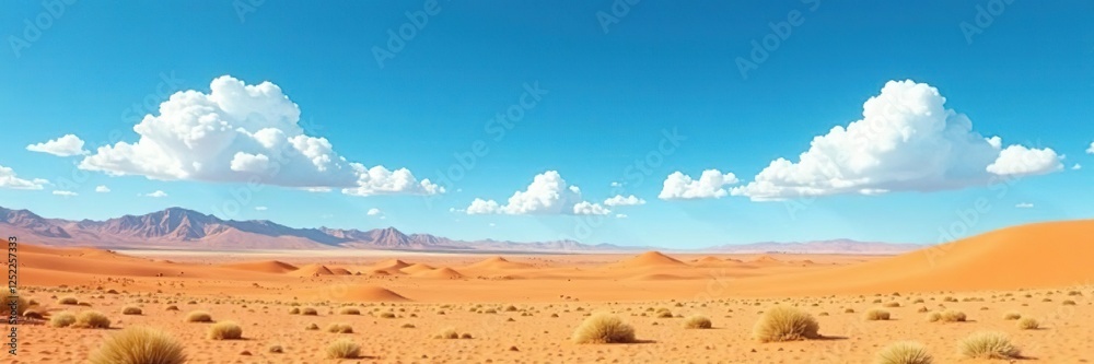 Fototapeta premium Desert landscape with sparse clouds against blue background, landscape, horizon
