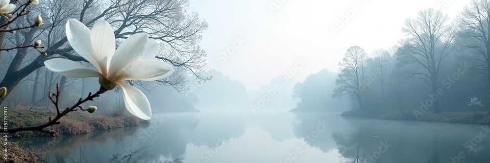 Fototapeta premium Foggy forest scene with white magnolia isolated on a crisp white background, serene landscape, forest, solitude