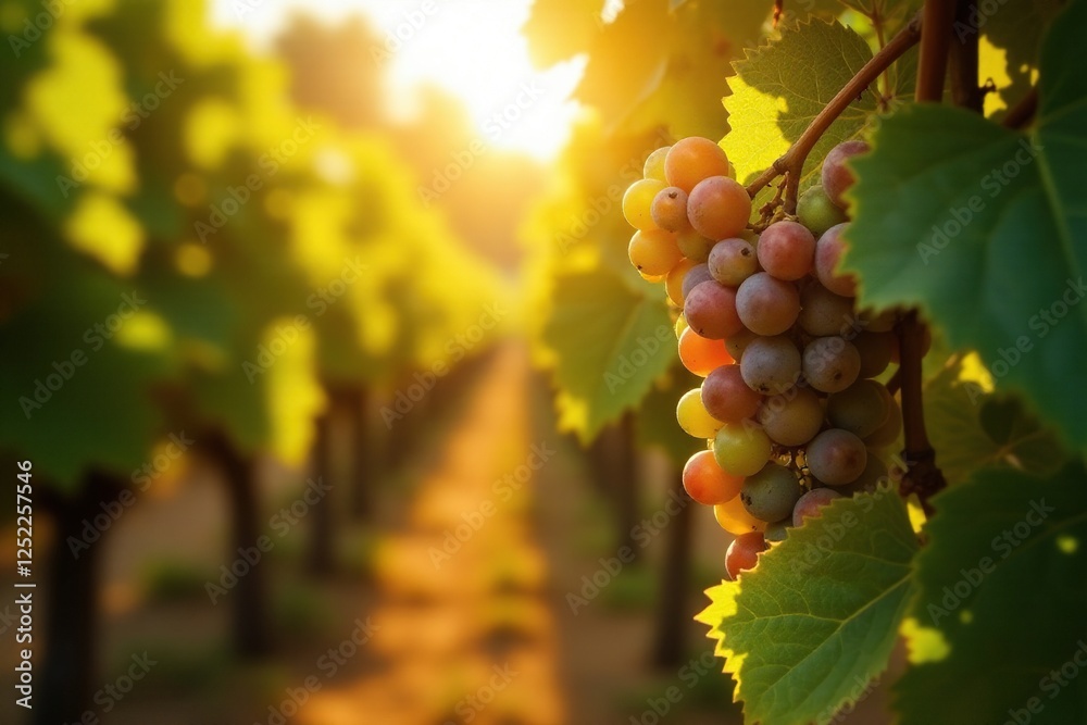 Fototapeta premium Golden sunlight filtering through grapevine leaves, rustic, filter, earthy