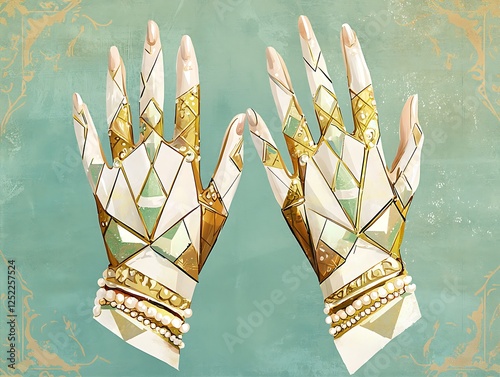 Illustrated geometric gloves with pearl bracelets in a vintage-inspired design