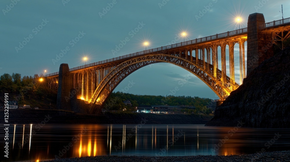 Fototapeta premium Illuminated bridge over river at dusk, town background, travel photography