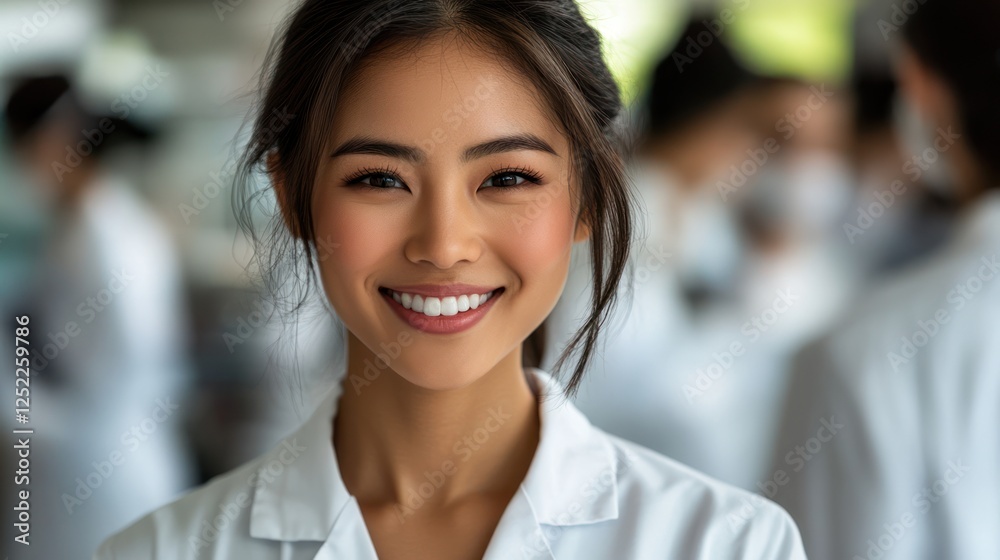 Smiling female scientist in lab coat. Smiling female scientist in lab coat.