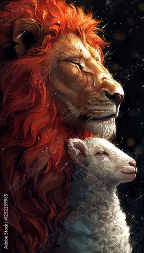 Majestic Lion and Gentle Lamb, Symbol of Peace, Harmony, and Strength, Digital Illustration
