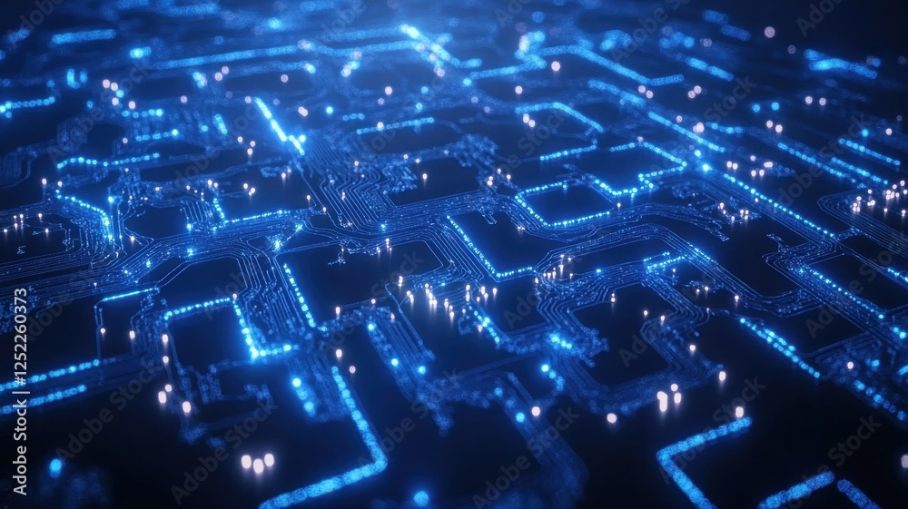 Obraz premium Abstract Close-up of Glowing Circuit Board with Blue Illumination