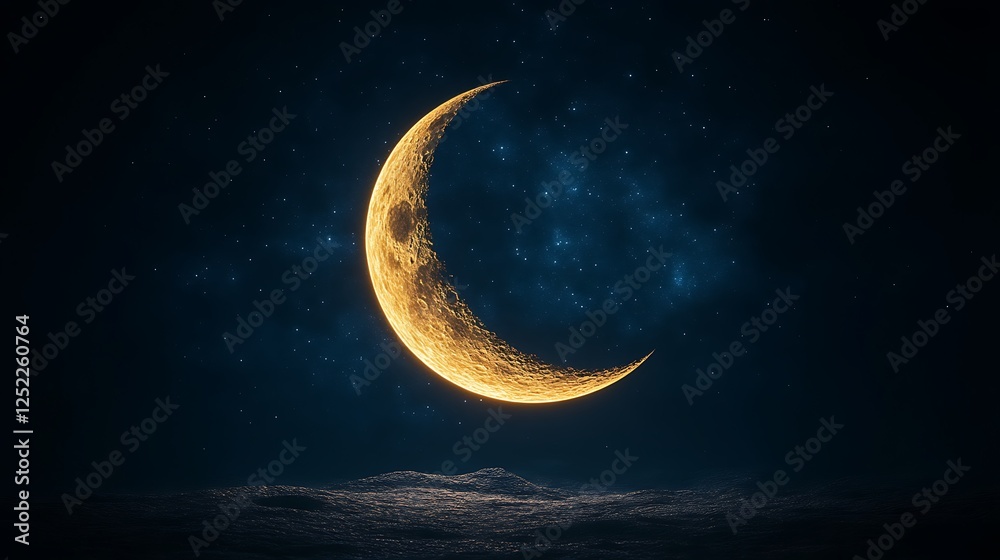 Golden Crescent Moon Over a Dark Starry Night Sky Golden Crescent Moon Over a Dark Starry Night Sky