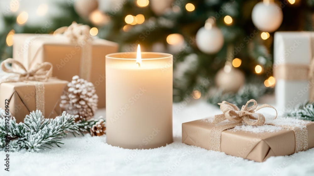 A Tranquil Winter Scene Featuring a Softly Glowing Candle Surrounded by Festively Wrapped Gifts and Lush Greenery, Creating a Cozy Holiday Atmosphere