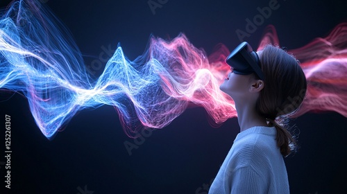 Young Woman Experiencing Virtual Reality with Colorful Light Waves
