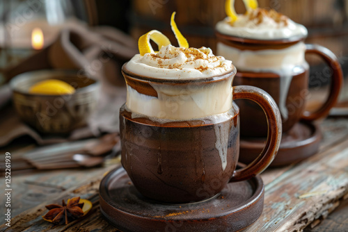 Hot Carajillo with Frothy Cream and Lemon Zest in Rustic Ceramic Mug photo