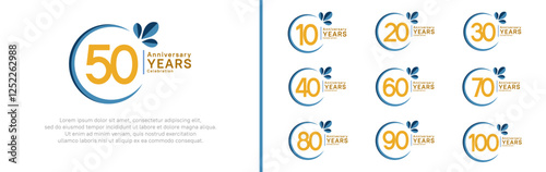 anniversary logotype set. vector design yellow color with blue ring and leaf for special moment