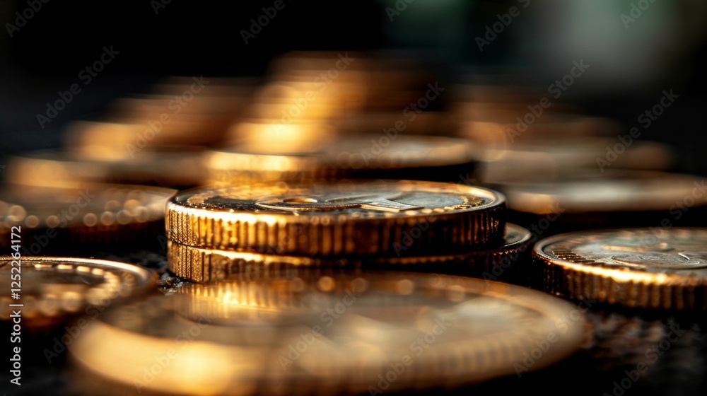 Close-Up Golden Coin Stack, Finance, Investment, Savings Concept. Macro Photo, Selective Focus. Close-Up Golden Coin Stack, Finance, Investment, Savings Concept. Macro Photo, Selective Focus.