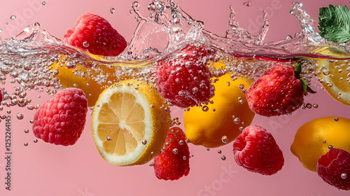 raspberries, strawberries, lemons and ginger falling into a yellow carbonated water, pink background with copy space 