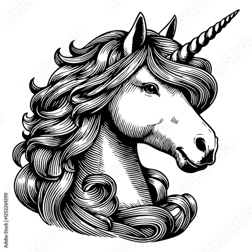 Unicorn sketch engraving black and white outline. Scratch board imitation.  illustrated in vintage line art style on a white background.
