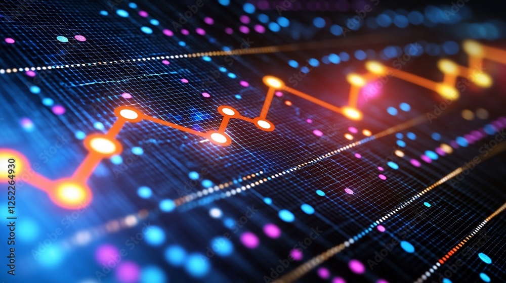 Financial data trend graph, digital screen, glowing nodes, market analysis, business report