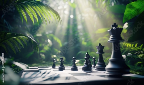 Fototapeta Naklejka Na Ścianę i Meble -  Jungle chessboard strategy game; sunlight through leaves