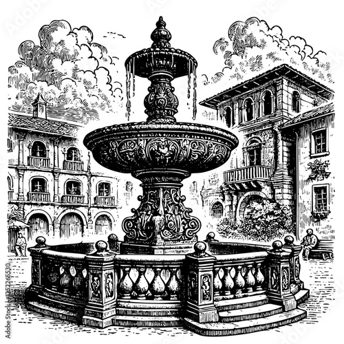 Old water fountain sketch engraving black and white outline. Scratch board imitation.
