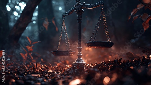 A beautifully lit scene of a traditional scale symbolizing justice amidst a mystical forest setting