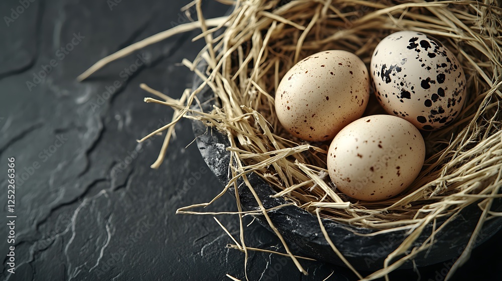 Fototapeta premium Three Quail Eggs in a Nest