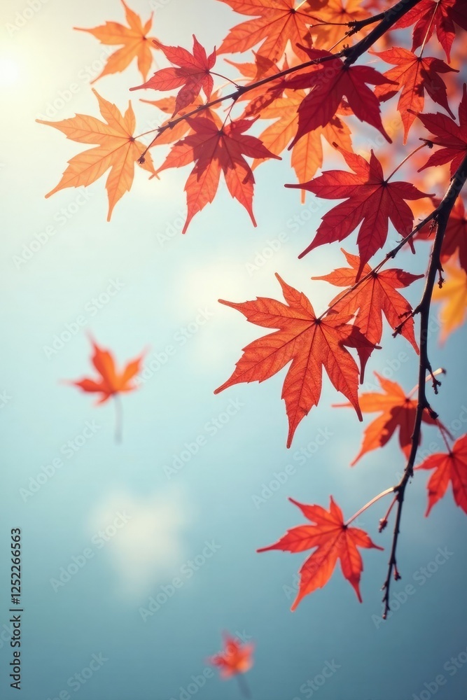 Delicate maple leaves drift against a pale winter sky, leaves, maple, light Delicate maple leaves drift against a pale winter sky, leaves, maple, light