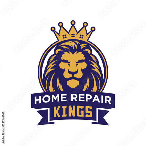 Lion head and crown selling home renovation services illustration logo design