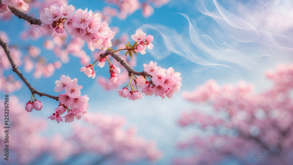 Delicate pink cherry blossoms against a soft blue sky create a serene spring scene Delicate pink cherry blossoms against a soft blue sky create a serene spring scene