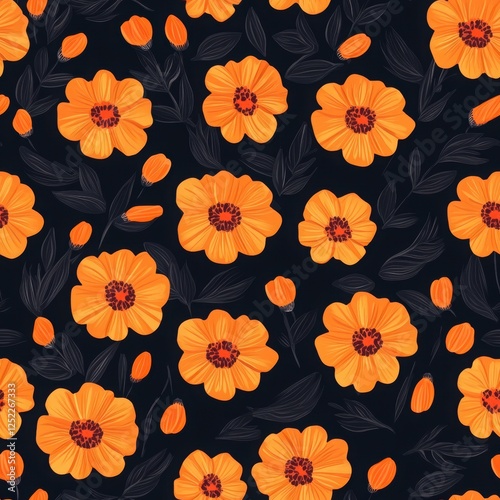 Wallpaper Mural Orange Blossom Seamless Pattern: A vibrant and captivating floral pattern with a dark backdrop showcasing orange blossoms arranged in a harmonious and repetitive pattern. Torontodigital.ca