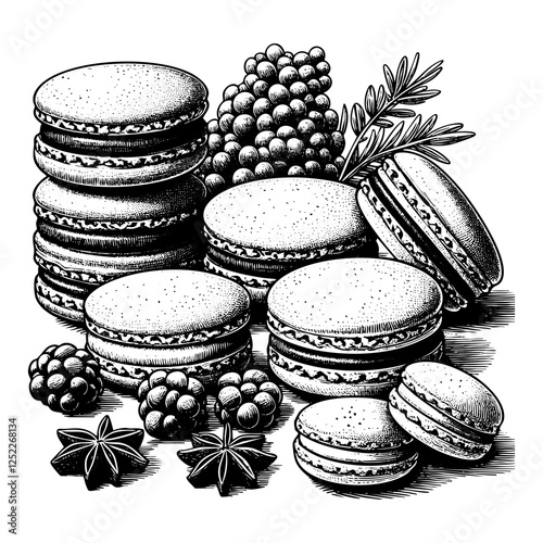 Macaroon cake sketch engraving black and white outline. Scratch board imitation.
