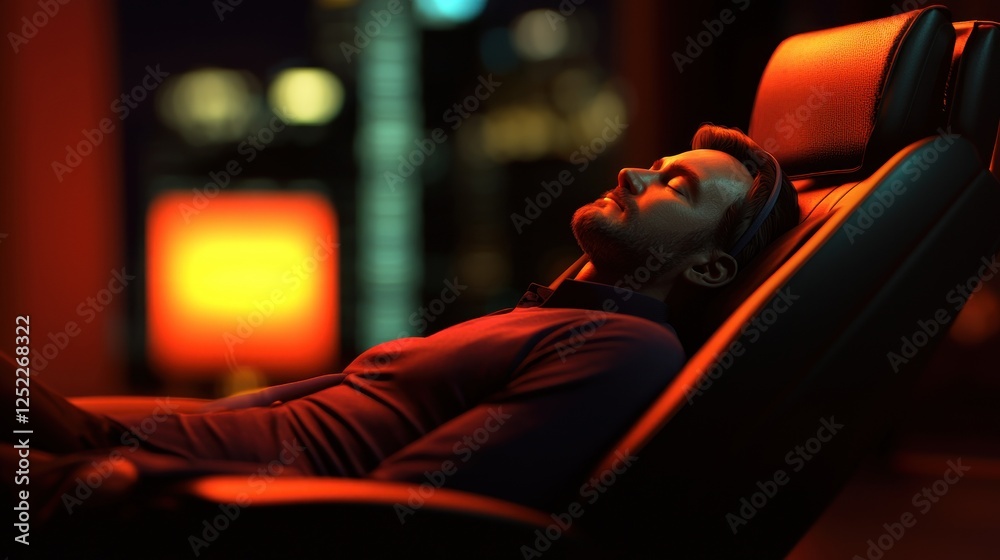 Man relaxing in a modern chair with ambient city lights glowing in the background at night Man relaxing in a modern chair with ambient city lights glowing in the background at night