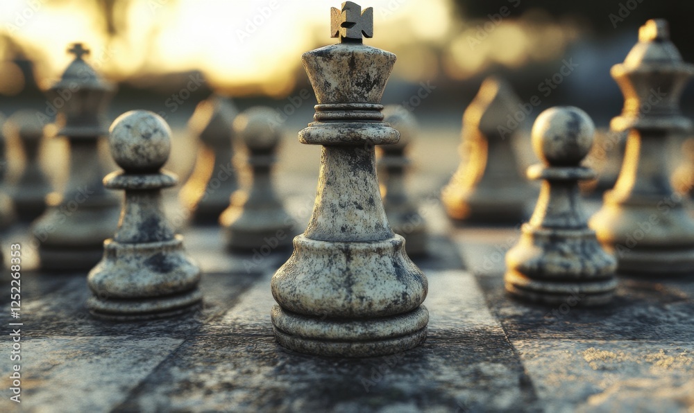 Fototapeta premium Stone chess king sunset strategy outdoor game
