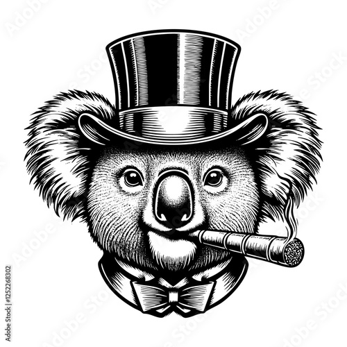 Koala wear top hat and cigar in its mouth engraving black and white outline. Scratch board imitation. illustrated in vintage line art style on a white background.
