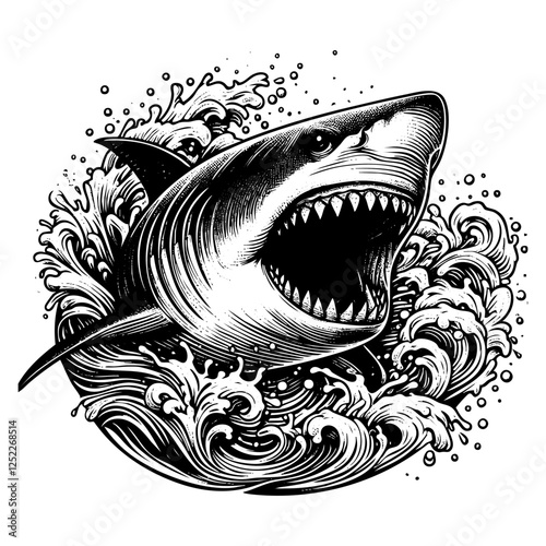 Shark engraving black and white outline. Scratch board imitation.  illustrated in vintage line art style on a white background.
