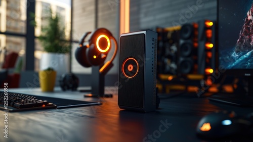 Modern gaming setup featuring a sleek computer tower, headset, and monitor in a stylish room photo