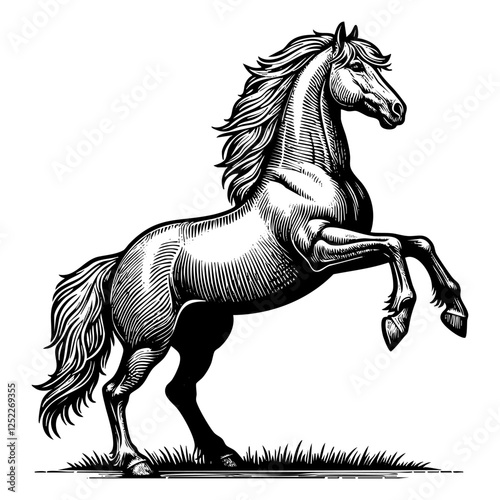 Horse rearing up engraving black and white outline. Scratch board imitation.  illustrated in vintage line art style on a white background.
