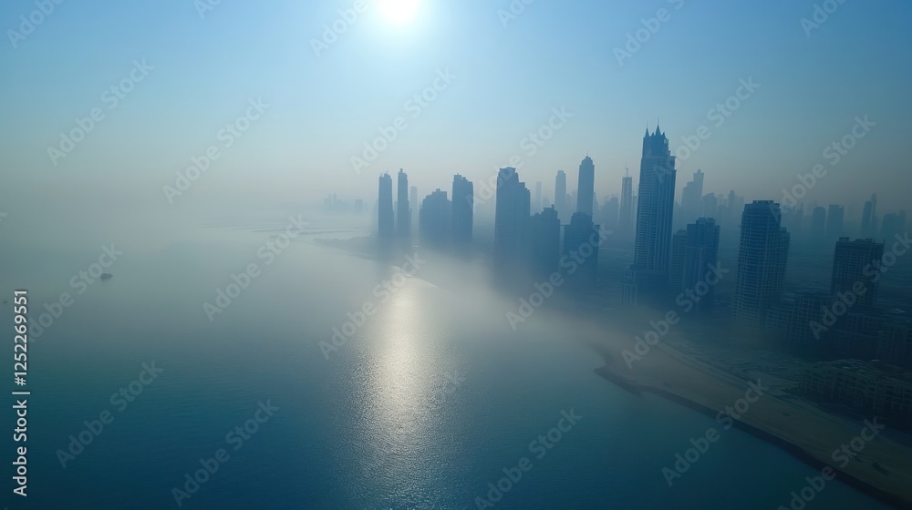 Hazy sunrise over coastal cityscape. Hazy sunrise over coastal cityscape.