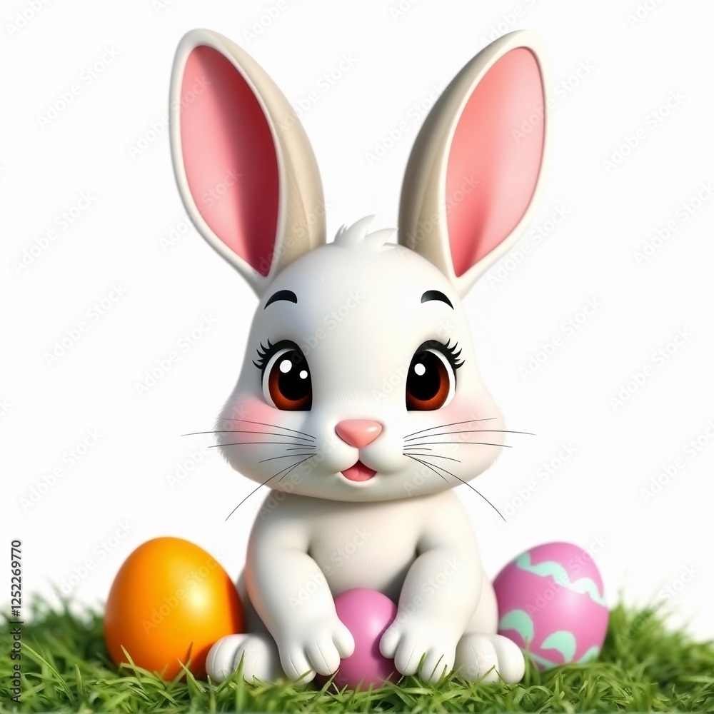 Fototapeta premium Cartoon rabbit holding colorful eggs on green grass